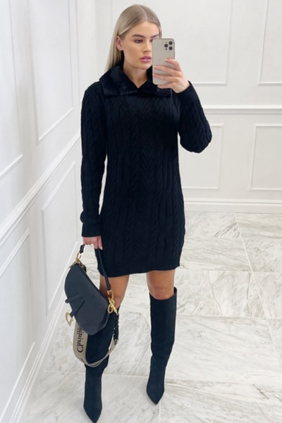 Robin Black faux fur collar cable knitted dress Glamify Famous