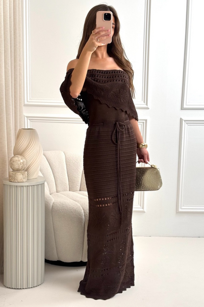 crochet off the shoulder dress Amie chocolate brown maxi – Glamify Famous For Loungewear Color:As Photo-Silver Maternity Wedding Dresses Online lightweight polyester fabric Toddler Vintage Minnie Mouse