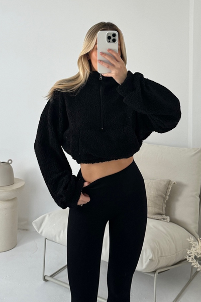 Maeve black cropped 3 4 zip fleece sweater Glamify Famous For Loungewear