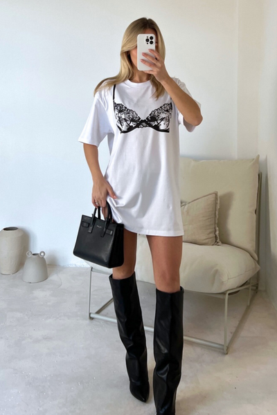 Oversized t shirt dress top with thigh high boots