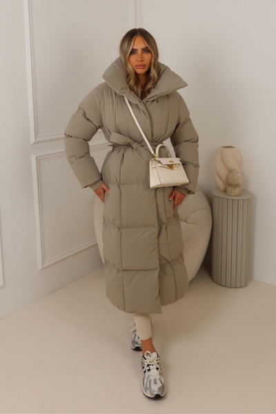 Blossom taupe long duvet puffer coat – Glamify Famous For Loungewear