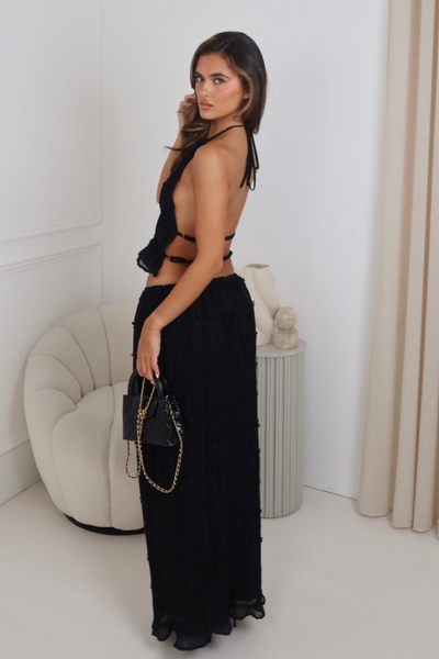 Ophelia black chiffon open back top & maxi skirt co ord – Glamify