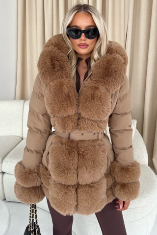 Caramel faux fur coat best sale