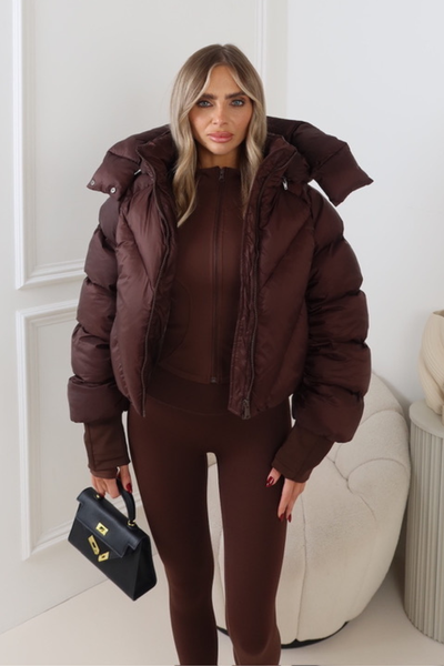 MIA CHOCOLATE CROPPED PUFFER JACKET WITH DETACHABLE HOOD – Glamify