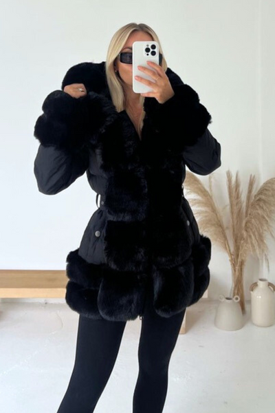 Orla black faux fur hooded coat – Glamify Famous For Loungewear