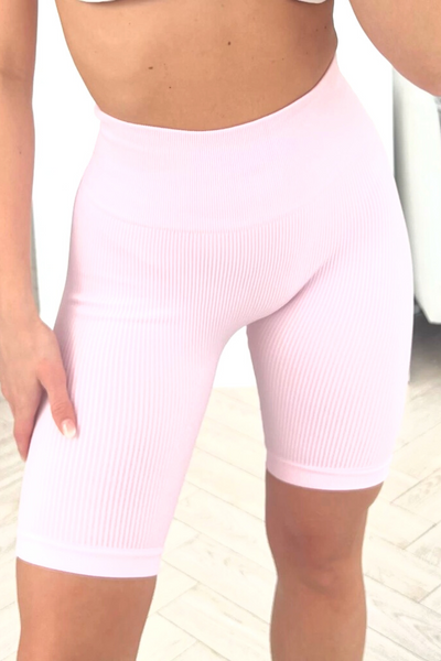 Casey baby pink ribbed high waist cycling shorts – Glamify Famous