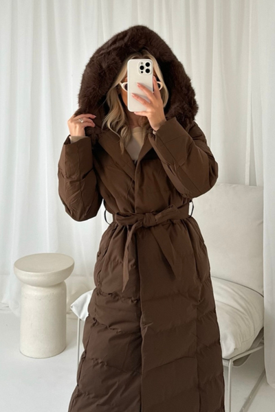 Laurena chocolate long padded hooded puffer coat Glamify Famous For Loungewear