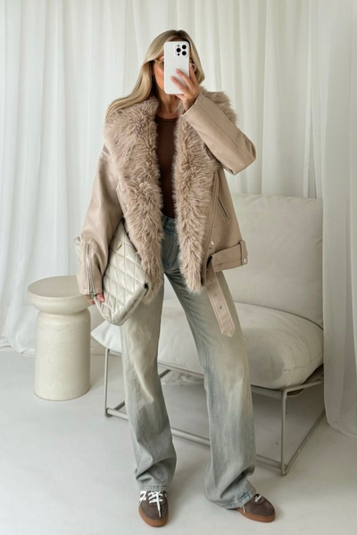 Alexis cream faux fur and PU leather jacket – Glamify Famous For