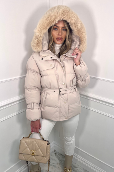 Beige coat with fur hood sale