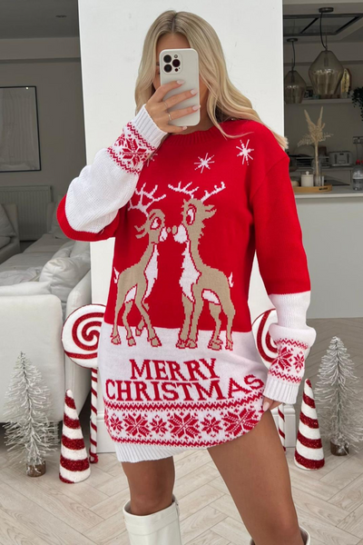 reindeer red white knitted christmas jumper dress