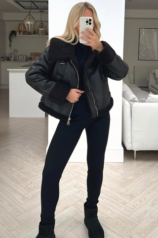 Black pu aviator jacket sales