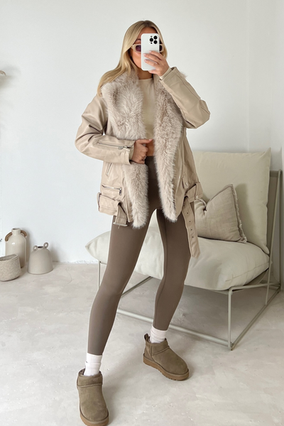sammy beige faux fur biker jacket – Glamify Famous For Loungewear