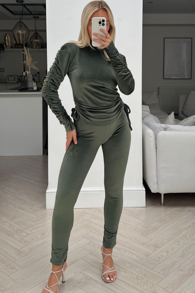 Hayleigh khaki velour ruched sleeve loungewear set Glamify Famous For Loungewear