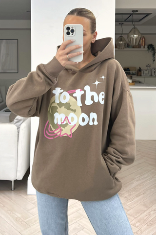 To the moon premium beige printed hoodie Glamify Famous For