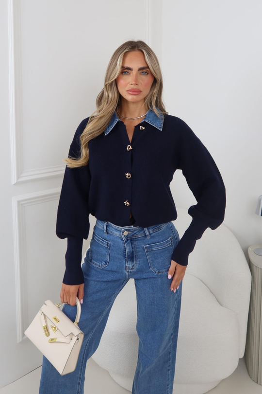 AVA NAVY GOLD BUTTON UP CARDIGAN WITH DENIM COLLAR