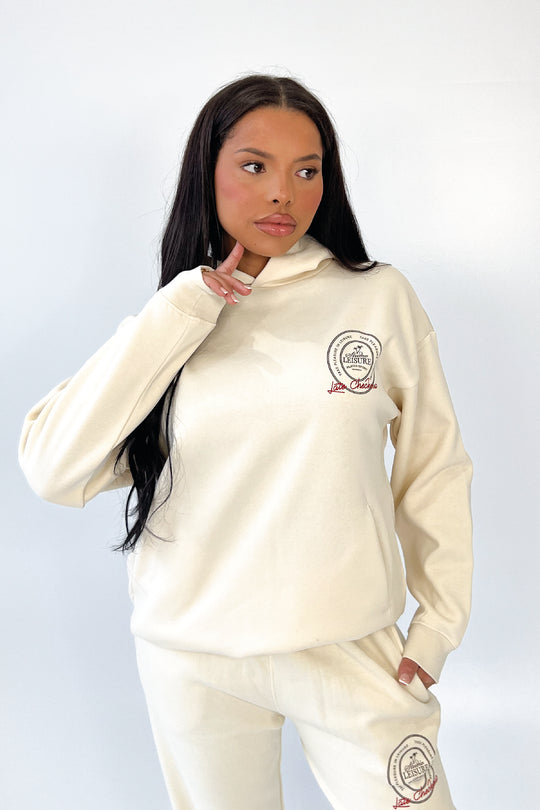 Studio Leisure checkout ecru embroidered premium relaxed hoodie