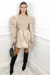 Tyler Beige Cut Out Knitted Puff Sleeve Dress Dresses