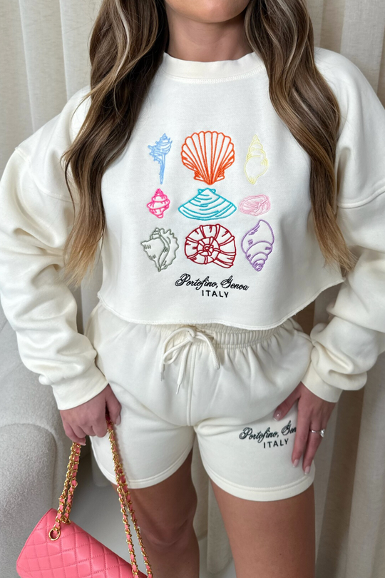 Shell ecru embroidered cropped sweater shorts loungewear