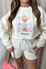 Shell ecru embroidered cropped sweater shorts loungewear