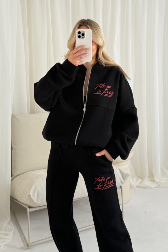 Take me to Paris black printed bomber jacket and straight leg jogger