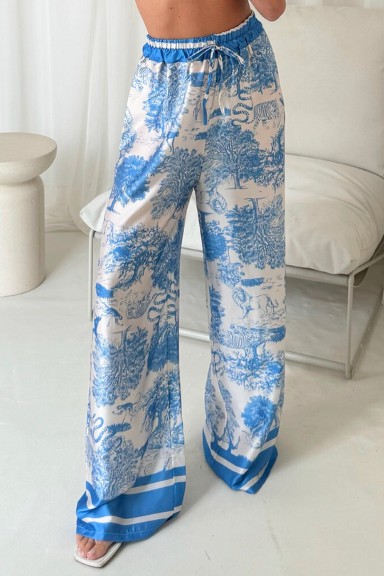 Daniella blue jungle satin trousers