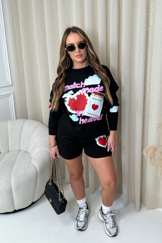 Match made black printed sweater shorts loungewear