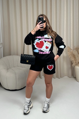 Match made black printed sweater shorts loungewear