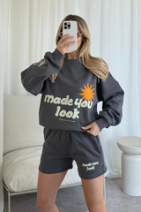Made you look steel grey printed sweater shorts loungewear