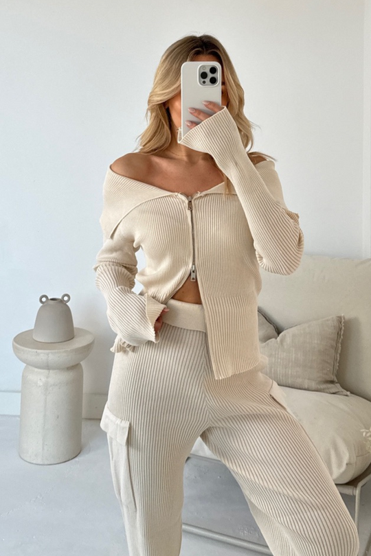 Hope cream rib knit zip up co-rd