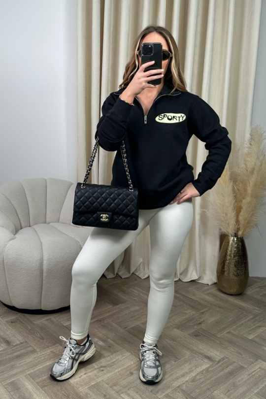Sporty black printed 3/4 sweater and legging set