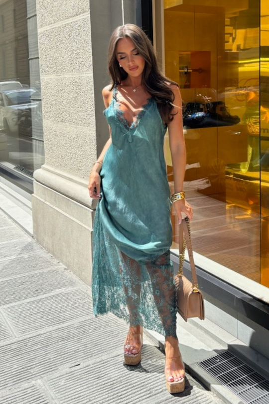 Tiah forest green satin lace trim maxi dress