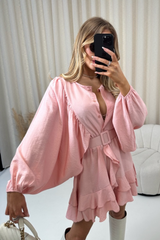 Helena pink linen frill belted dress