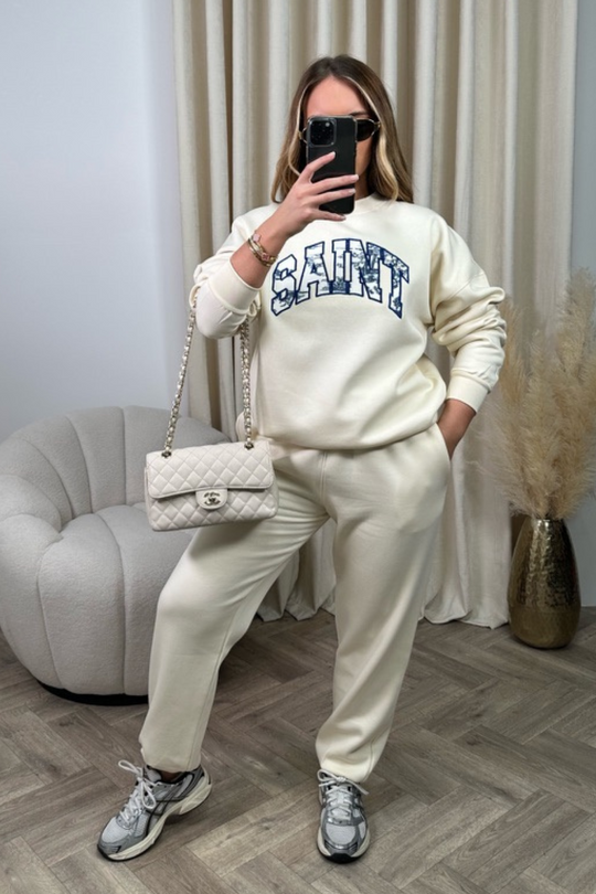 Saint ecru patterned applique sweater joggers premium loungewear