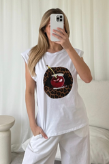Leopard lips printed white shoulder pad t-shirt