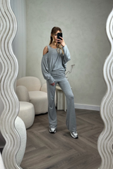 Zoey grey bat sleeve vest three piece loungewear set