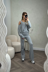 Zoey grey bat sleeve vest three piece loungewear set