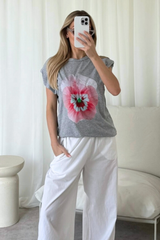Flower printed grey shoulder pad t-shirt