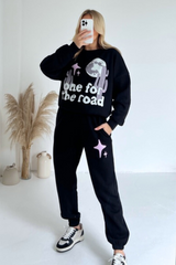 One for the road black printed sweater joggers premium loungewear