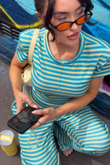 SCOUSE PRINTS 2.0 - AQUA/LEMON STRIPE TOP AND TROUSER SET