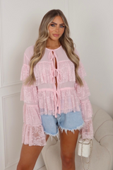 Miley pink lace layered tie front top