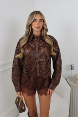 LOTTIE CHOCOLATE LEATHER FLOWER CUT OUT SHIRT