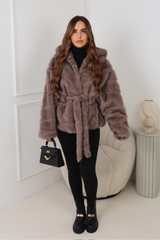 MARKIE TAUPE BELTED FAUX FUR HOODED COAT