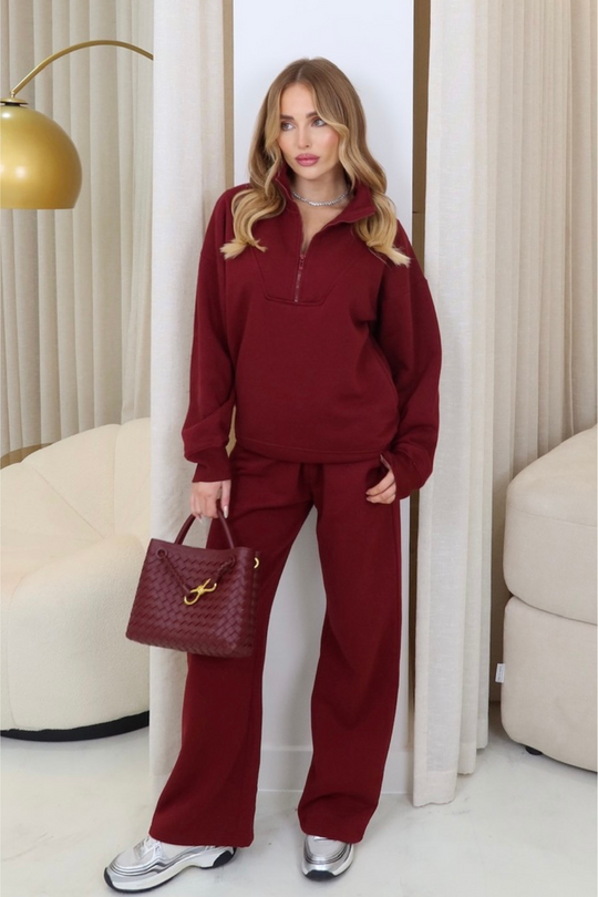 Mia burgundy 3/4 zip sweater straight leg loungewear