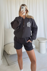St moritz steel grey embroidered bomber jacket and shorts loungewear