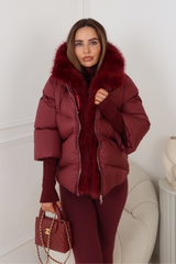 Verity burgundy hooded puffer coat with faux fur trim