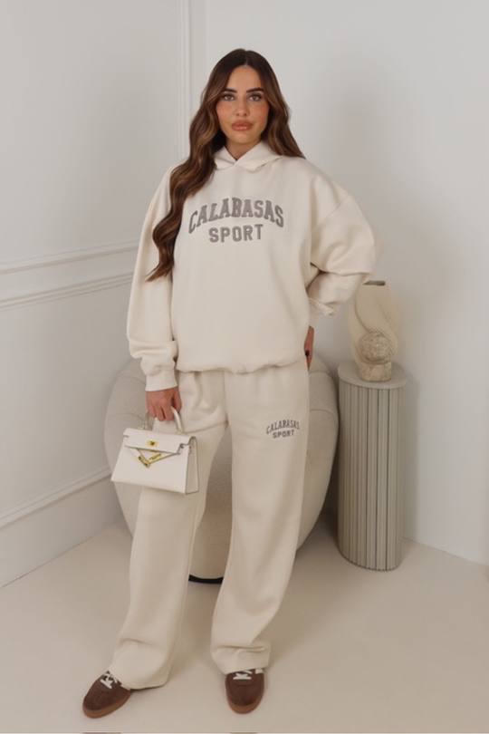 CALABASAS IVORY EMBROIDERED HOODIE & STRAIGHT LEG TROUSERS LOUNGEWEAR
