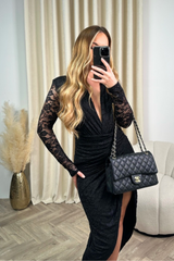 Stella black lace plunge neck maxi dress