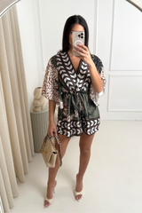 Harlee khaki & beige floral tie waist playsuit