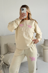 Love sick ecru embroidered sweater joggers premium loungewear