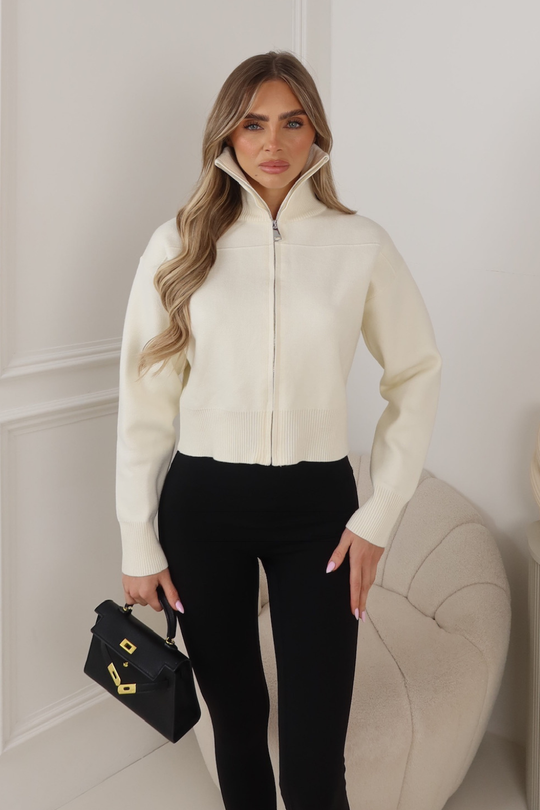 MANDY CREAM FULL ZIP RIBBED HIGH NECK FLEECE